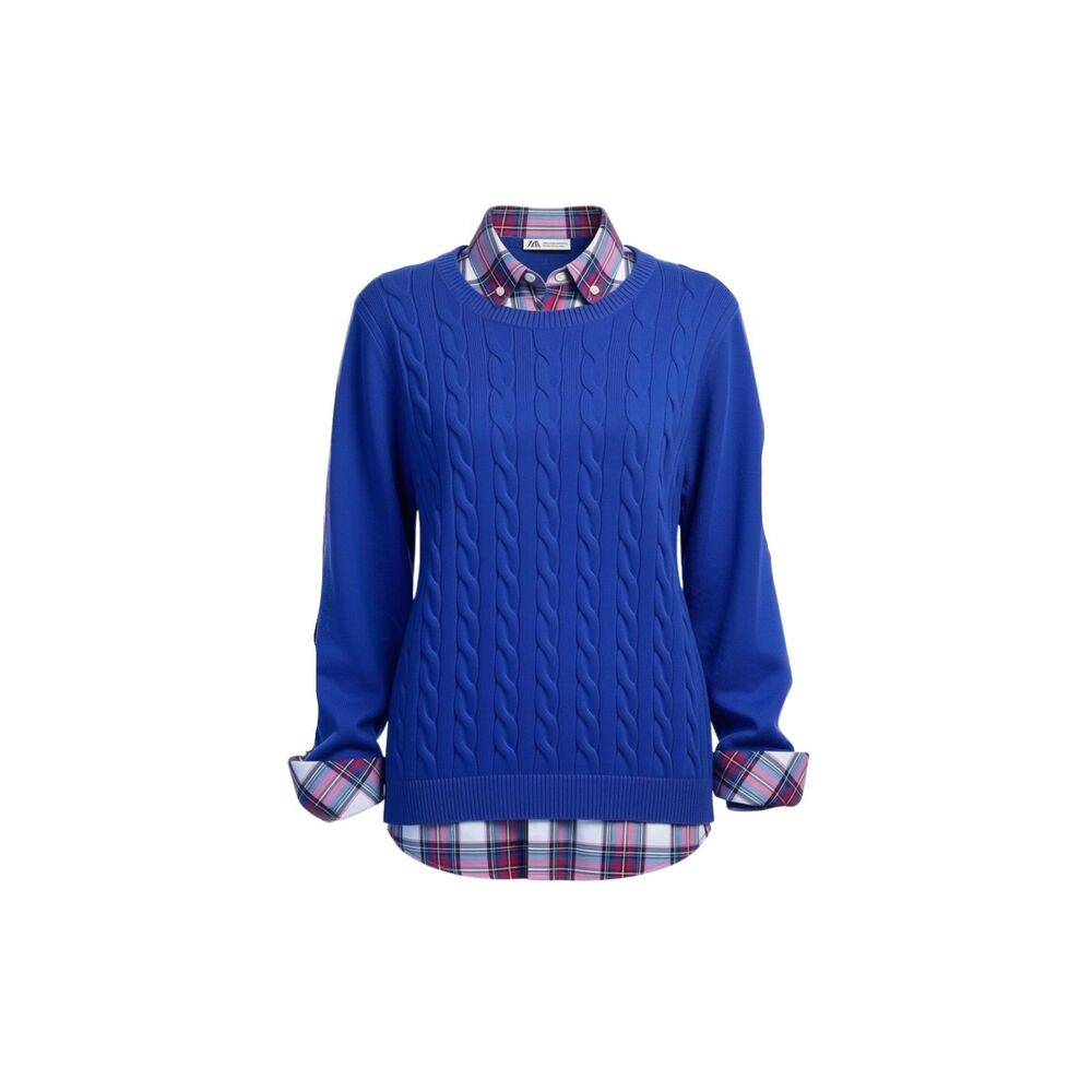 Talbots Size XL Bundle Royal Blue Cable Knit Sweater Plaid Button Up Shirt